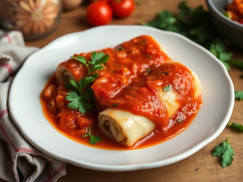 Puten-Kohlrouladen in Tomatensauce