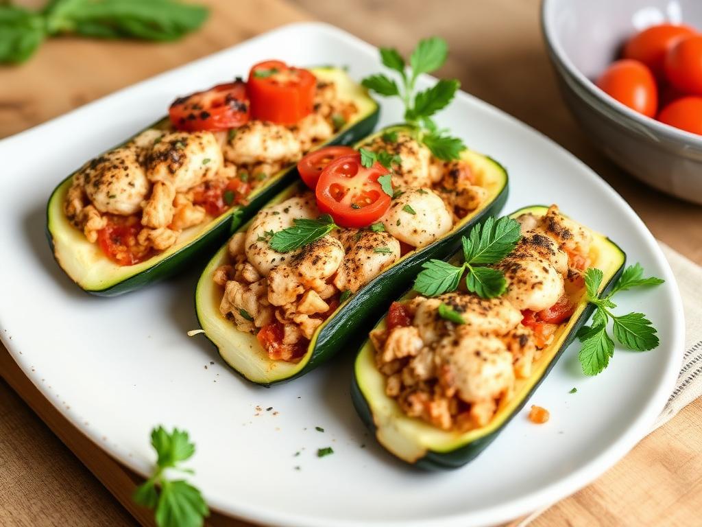 Gefüllte Zucchini-Boote mit Pute